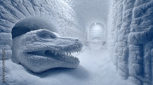 Icy Dinosaur Cave: Dramatic Ice Sculpture, Frozen World, Winter Fantasy