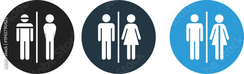 Circular Icons for Men's and Women's Restrooms in Black, Dark Blue, and Blue Colors Keywords: restroom, toilet, WC, bathroom