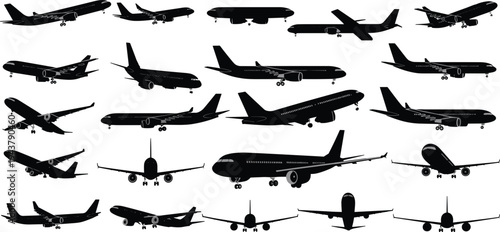 Collection of Airplane Silhouettes in Different Views and Poses Keywords: airplane, aircraft, plane, jet, aviation, flight