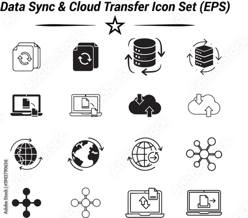 A set of black and white icons depicting data sync and cloud transfer concepts