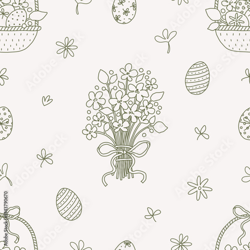Easter Seamless Pattern with Flowers and Eggs