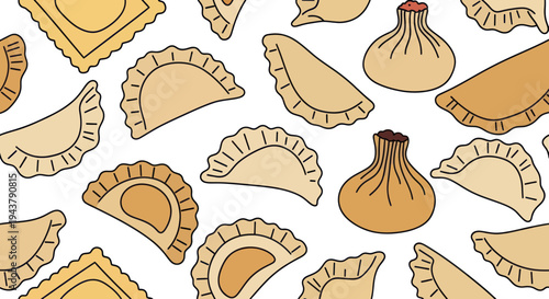 Seamless Pattern of Dumplings, Pierogi, and Khinkali - Hand-Drawn Food Illustration