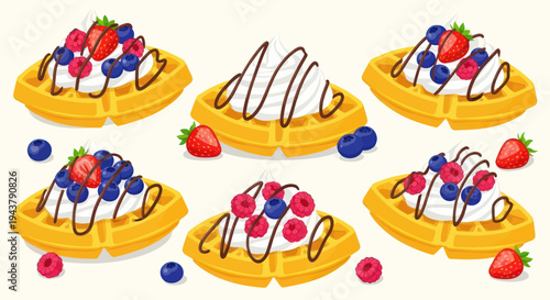 Sweet Waffles With Berries and Cream - Dessert Food Illustration