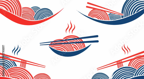 Asian Noodles Bowl with Chopsticks, Hot Food, Restaurant Logo Concept