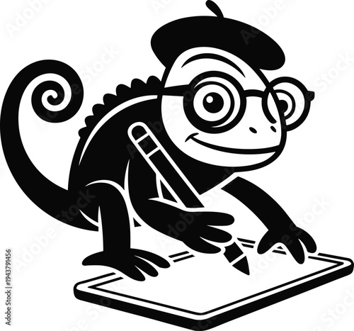 Happy chameleon artist wearing glasses and beret drawing on digital graphics tablet with stylus pen black and white vector illustration