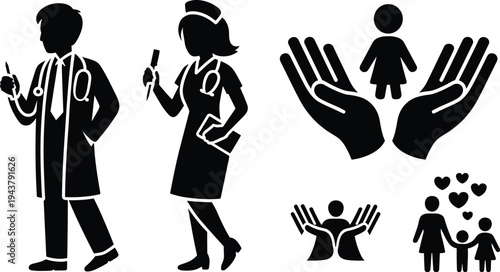 Medical healthcare vector icons featuring doctor and nurse silhouettes with caring hands protecting a child and family symbols for insurance design.