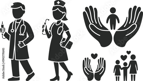 Medical healthcare icons set featuring doctor and nurse silhouettes with caring hands protecting child and family figures on white background.