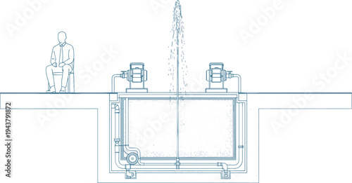 Technical fountain water system section drawing with pumps and piping, architectural engineering illustration for landscape design, public plaza planning, and hydraulic projects