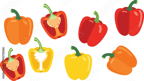 Bell Pepper Set with Red Orange and Yellow Sweet Capsicum Whole and Cut Vegetables Isolated on White Background Food Vector Illustration