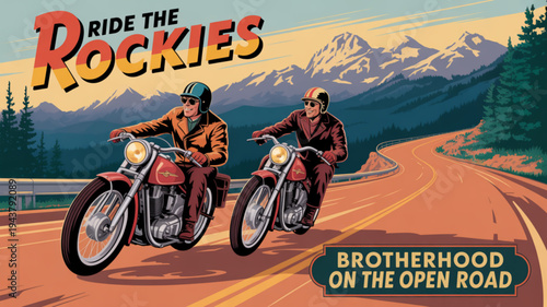 Two motorcyclists riding on a scenic mountain road with a stunning view