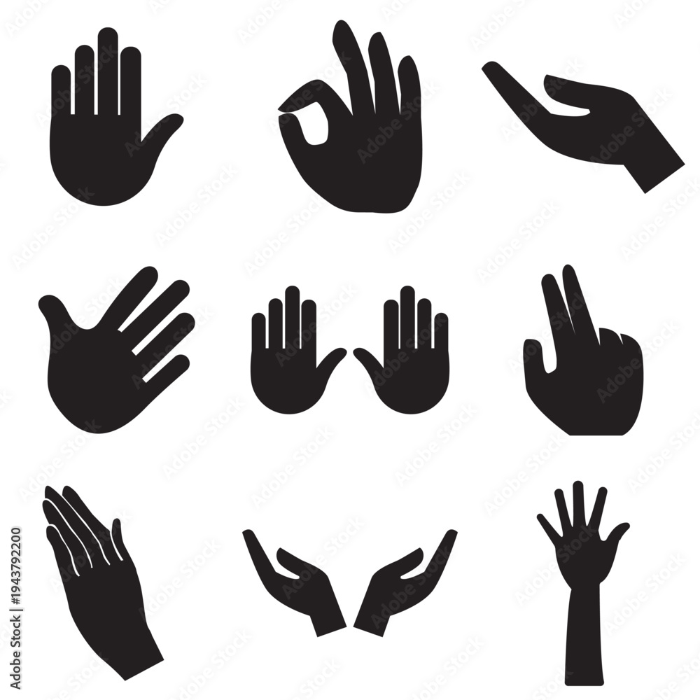 Fototapeta premium Hand Gesture Silhouettes Set Icons. Hand gesture silhouettes showing different positions and signals, isolated on light background, useful for icons, communication symbols, and design elements.