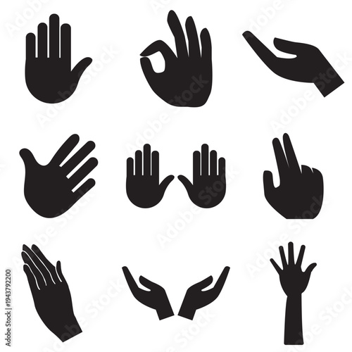  Hand Gesture Silhouettes Set Icons. Hand gesture silhouettes showing different positions and signals, isolated on light background, useful for icons, communication symbols, and design elements.