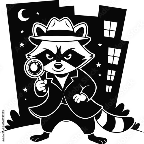 Raccoon Detective Character Wearing Fedora Hat and Trench Coat Holding Magnifying Glass in Front of City Night Skyline Vector Illustration