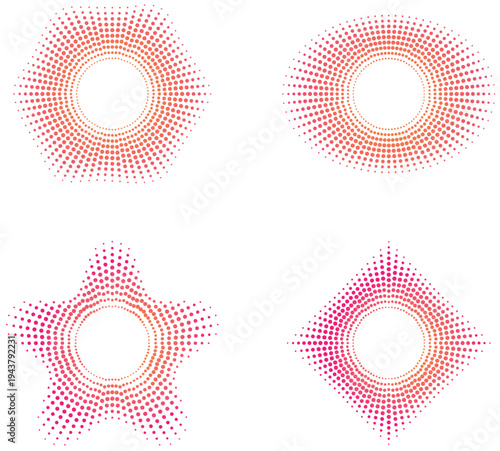 Geometric shapes with radial patterns and pink hues on white background