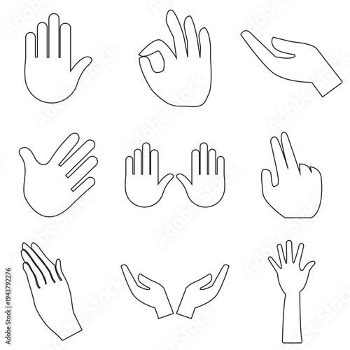  Hand Gesture Silhouettes Set Icons. Hand gesture silhouettes showing different positions and signals, isolated on light background, useful for icons, communication symbols, and design elements.