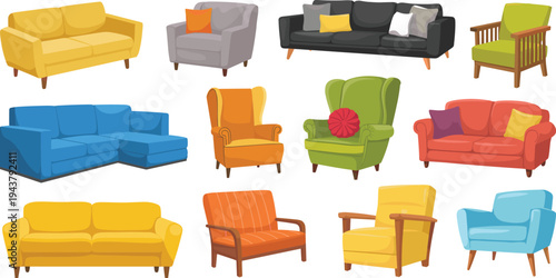 Collection of modern comfortable furniture including various sofas, armchairs, and lounge seating designs in bright colorful styles isolated on a white background for interior design.