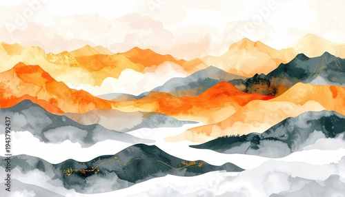 Abstract Watercolor Mountain Landscape with Misty Valleys and Warm Hues.