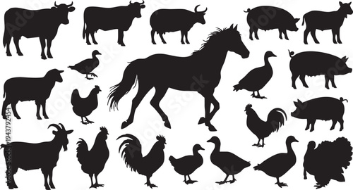 Black silhouettes of farm animals and birds on white background
