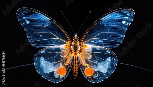 Ethereal transparent butterfly with luminous blue wings and orange accents on black background.