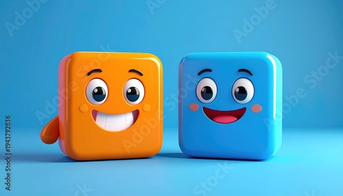 Two happy cartoon cubes with faces smiling on a blue background.