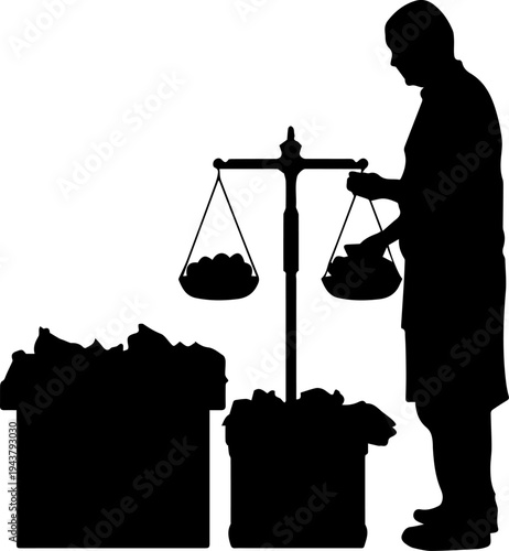 Silhouette of a merchant weighing goods on a traditional mechanical balance scale at a market or shop