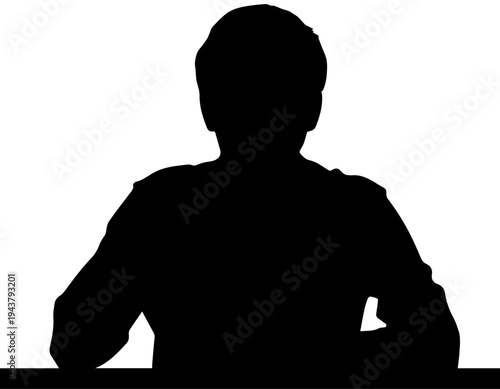 Black Silhouette of a Man Sitting at a Desk or Table Isolated on White Background