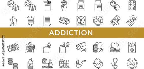 Addiction and Substance Abuse Line Icons Set Isolated on White Background for Gambling, Smoking, Alcohol, and Drug Awareness Design