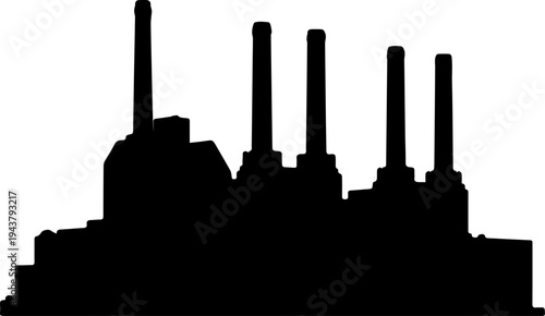 Industrial Power Plant Silhouette with Multiple Tall Chimneys Vector Illustration