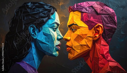 Abstract Polygonal Faces in Profile Facing Each Other Colorful Artistic Representation.