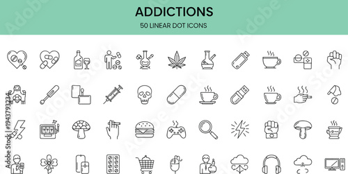 Addictions and Unhealthy Habits Line Icons Set Isolated on White Background for Substance Abuse, Gambling, and Behavioral Awareness Design