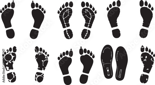 Black silhouettes of human and animal footprints and shoe prints on white background animal tracks