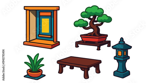 A serene Japanese garden scene with bonsai tree and decorations