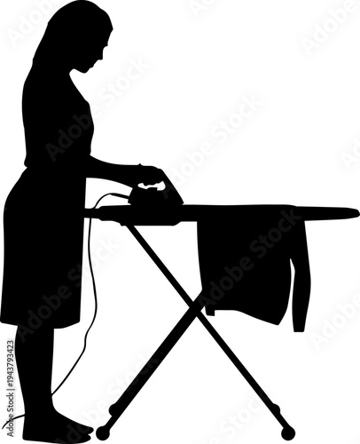 Black Silhouette of a Woman Ironing Clothes on an Ironing Board