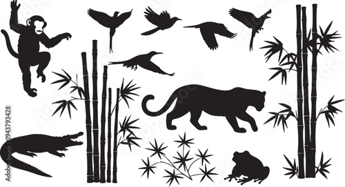 Black silhouettes of jungle animals and bamboo on white background animal silhouettes jungle scene