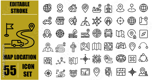 Map Location icon set. Containing pin, flag, GPS, destination, direction, distance, place, navigation, route, road, marker, address, position and more. Editable line icons. Vector illustration.