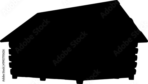 Black Silhouette of a Rustic Log Cabin House Isolated on White Background