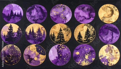 Enchanting collection of purple and gold celestial moon graphics with pine tree silhouettes.