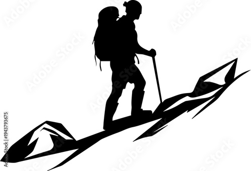 Black Silhouette of a Hiker with Backpack and Walking Stick Climbing a Steep Mountain Peak