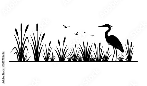 Minimal Marsh Wetland Silhouette with Heron Bird and Reeds Vector Illustration