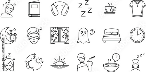 Sleep and Night Routine Line Icons Set Isolated on White Background for Rest, Relaxation, and Healthy Lifestyle Design