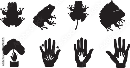 Black silhouettes of frogs and hands with leaves leaf