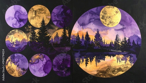 Enchanting night landscape with a luminous full moon over a tranquil reflective lake and dark pine forest abstract watercolor art.