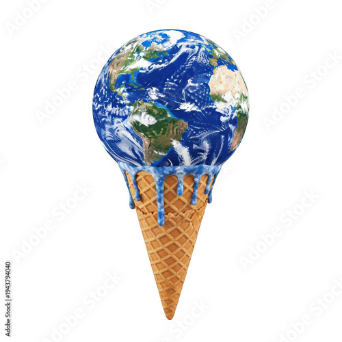 A whimsical ice cream cone topped with a globe representing earth isolated on transparent background