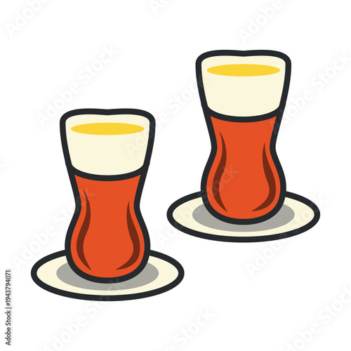 Turkish tea in traditional glass cups on saucers. Hot oriental drink served in armudu glass. Illustration isolated on white background.