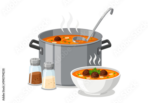 A steaming silver pot and a matching white bowl brim with a savory, bright orange soup dotted with hearty brown meatballs and fresh green herbs, accompanied by a resting ladle and glass spice shakers