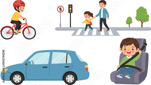 Children Practicing Safety – Vector Illustration of Kids Riding Bicycle, Walking on Crosswalk, and Car Seat Safety