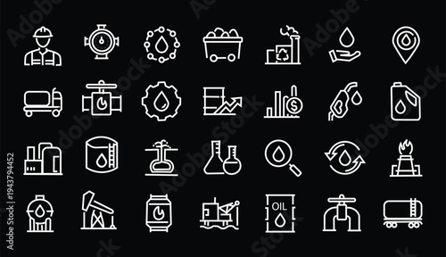 Oil and Gas web icons in line style. Fuel, gas station, refinery, petroleum, oil well, gas pump, energy, barrel, industry, transportation, collection. Vector illustration.