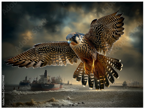 A wild brown hawk with a white beak and feathers soars as a young avian wildlife animal above the desert grass and nature