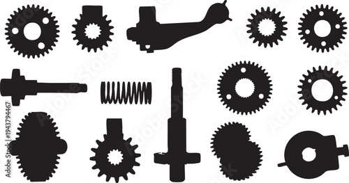 Black silhouettes of mechanical parts including gears and tools on white background