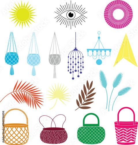 Colorful Boho Home Decor Vector Set Featuring Macrame Plant Hangers Woven Baskets Tropical Palm Leaves Sun Eye Symbol and Stylish Interior Design Elements for Summer